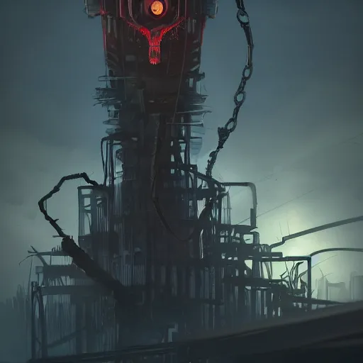 Image similar to a dark twisted metal tower with glowing eyes all staring at a small silhouetted figure in the foreground, dynamic lighting, photorealistic dark sci - fi concept art, trending on artstation, stunning visuals, creative, cinematic, ultra detailed