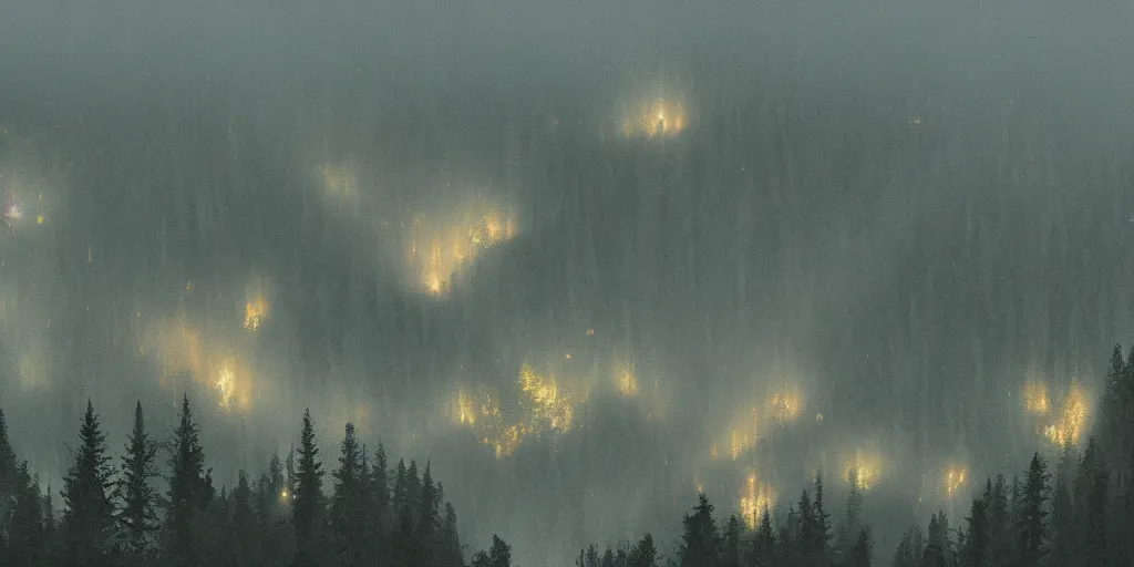 Prompt: night, forested mountains, big mountains, cold light, dense forest, overhead view, fog, 2 d disney cartoon style