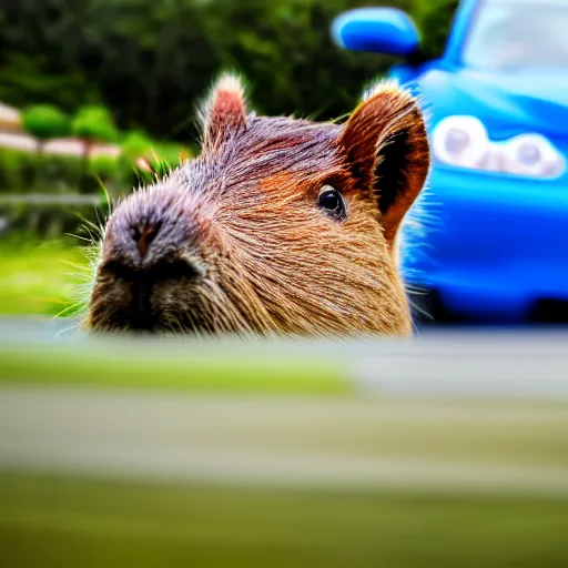 Image similar to A highly detailed photograph of a capybara driving a blue convertible sports car at high speeds