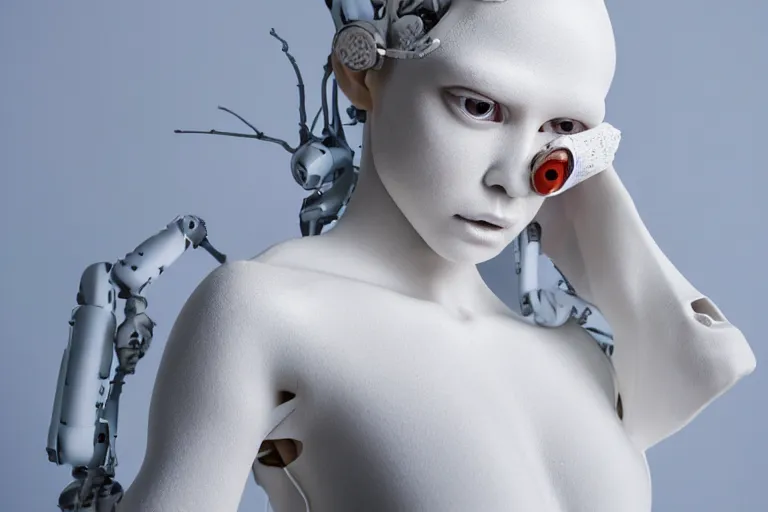 Image similar to full head and shoulders, beautiful female porcelain sculpture with lots of 3 d cyborg elements, prosthetics, 3 d goggles, smooth, all white features on a white background, delicate facial features, white eyes, white lashes, detailed white, anatomical, by daniel arsham and james jean