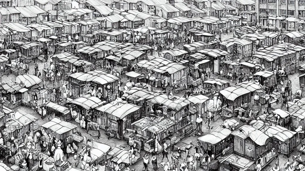 Image similar to a black and white drawing of a busy fish market stretching to the horizon, a storybook illustration by mattias adolfsson, behance contest winner, modern european ink painting, matte drawing, storybook illustration, panoramic, isometric