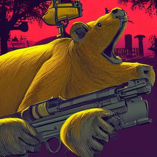 Prompt: uv-reactive fluorescent ultra-detailed capybara with tommy gun, by dan mumford, 4k HD, artstation HD