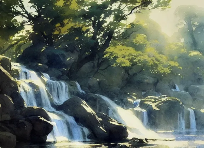 Image similar to watercolor painting of wild waterfall, oak trees, rocky shore, sunshine, rustic stone cabin in horizon, very very very beautiful, art by anders zorn, wonderful masterpiece by greg rutkowski, cinematic light, american romanticism by greg manchess, creation by tyler edlin