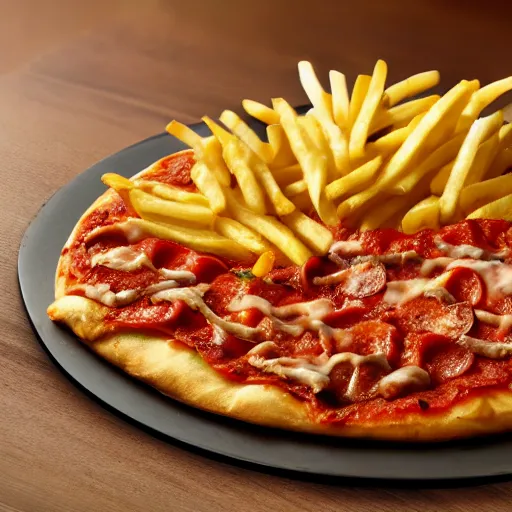 Prompt: kebab pizza realistic 4k athmospheric ultra HD french fries and kebab sauce ontop