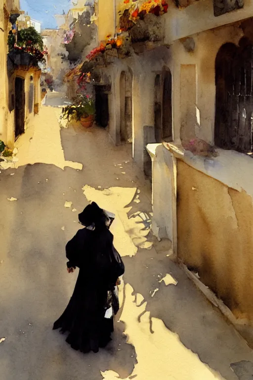 Prompt: abstract watercolor painting of a spanish old lady, black traditional dress, summer, magical and traditional, cinematic light, andalusian street, sharp shadows, daylight, national romanticism by anders zorn, by greg rutkowski, by greg manchess