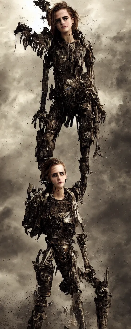 Image similar to photorealistic Emma Watson closeup angry tired fighting yelling warface fractal mecha spinal chord fractal armour twin sisters action poses dishevelled photorealistic portrait grimy sweating bloody oily wet face dirty t-shirt and torn jeans in broken biomechanical fractal armour abandoned exploding sci-fi abandoned coal power station being reclaimed by the jungle, cinematic lighting, dark and dim atmospheric smog trending on artstation 8k matte painting, dramatic lighting, dramatic shadows professional photograph by beautiful detailed intricate insanely detailed octane render, 8k artistic photography, photorealistic, chiaroscuro, by David Cronenberg, Raphael, Caravaggio and Greg Rutkowski