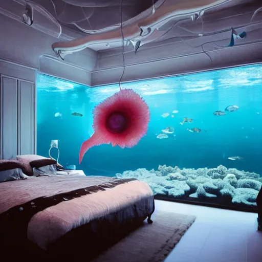 Prompt: real photo of the modern fashionable room as aquarium with a chandelier as a big jellyfish, beautiful corals on the walls and dangerous sharks on the big panoramic window, realism, sharp details, cinematic, a lot of gleans, under the ocean, realistic colors, realistic shadows, daylight by beeple and by greg rutkowski