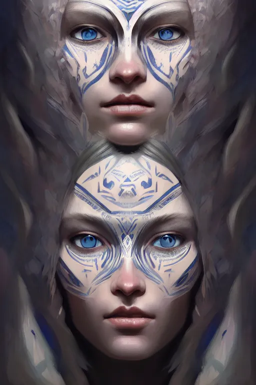 Image similar to ultra detailed facial portrait of beautiful nordic woman, blue eyes, wearing a tribal mask, extremely detailed digital painting, in the style of fenghua zhong and ruan jia and jeremy lipking and peter mohrbacher, mystical colors, rim light, beautiful lighting, 8 k, stunning scene, raytracing, octane, trending on artstation