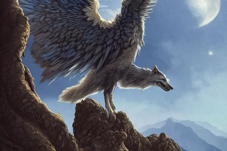 Image similar to Blue feathered wolf with wings on a beautiful fantasy landscape, hills, mountains, moonlit, HD, illustration, epic, D&D, fantasy, intricate, elegant, highly detailed, digital painting, artstation, concept art, smooth, sharp focus, illustration, art by artgerm and greg rutkowski and alphonse mucha