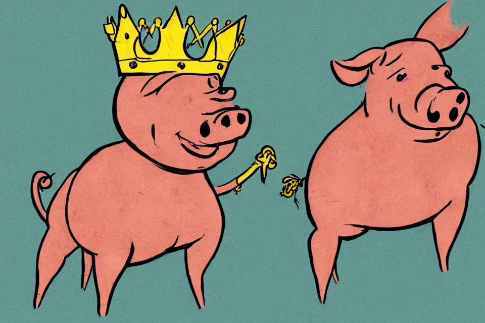 Image similar to concept sketches of a pig wearing a gold crown by Bill Watterson, in the style of 1970s cartoons