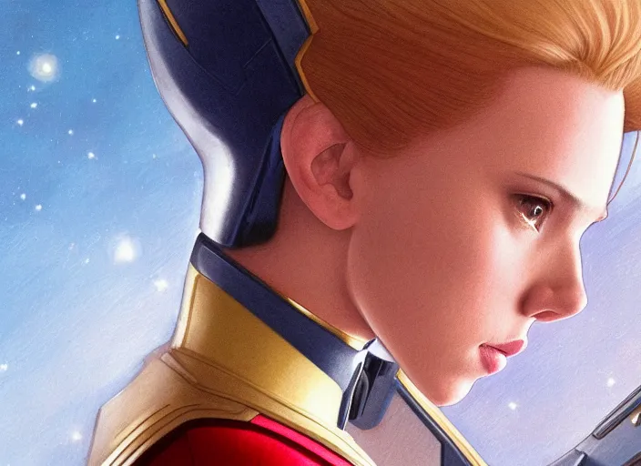 Image similar to a disney film still of scarlett johansson as a star trek officer, finely detailed features, closeup of the face, perfect art, dusk, blue hour, gapmoe yandere grimdark, trending on pixiv fanbox, painted by greg rutkowski, makoto shinkai, takashi takeuchi, alphonse mucha, akihiko yoshida