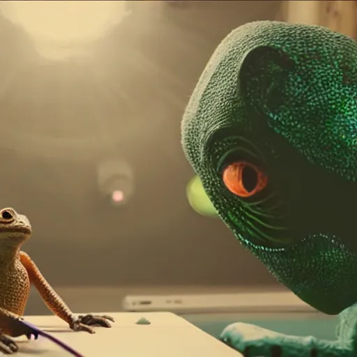 Prompt: cinematic film still of Pharrell Williams holding a lizard while Making A Beat with an anthropomorphic alien, Japanese VFX, 2018, 400mm lens, f1.8, shallow depth of field,film photography