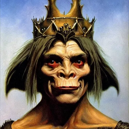 Prompt: The goblin king wearing a bone crown, painting by Frank Frazetta, detailed, 4k