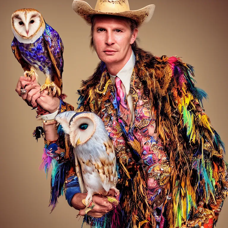 Image similar to high fashion photoshoot octane render portrait by wayne barlow and carlo crivelli and glenn fabry, a distinguished psychedelic cowboy wearing a colorful wes anderson designed cowboy costume and holding a barn owl inside a high - end exotic colorful pastel vintage boutique hotel lounge, very short depth of field, bokeh