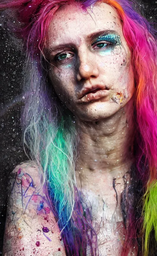Prompt: hyper realistic photograph of a grungy woman with rainbow hair, drunk, angry, soft eyes and narrow chin, dainty figure, long hair straight down, torn overalls, short shorts, basic white background, side boob, in the rain, wet shirt, symmetrical, single person, style of by Jordan Grimmer and greg rutkowski, crisp lines and color,