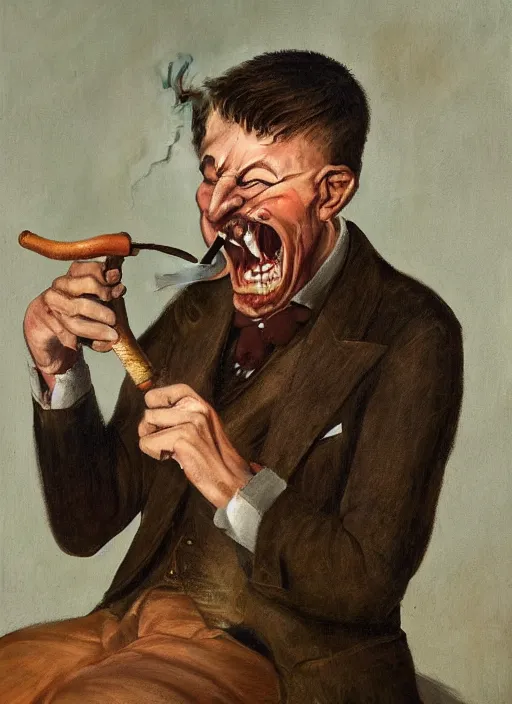 Prompt: Portrait of Duncan Trussel laughing demonically while smoking a pipe. Disturbing