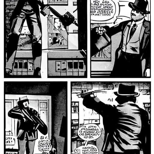 Prompt: noir barney fights an orphanage with a gun