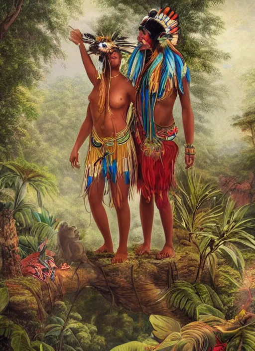 Prompt: a beautiful painting of two indigenous people celebrating in the jungle, fantasy art, matte painting, highly detailed