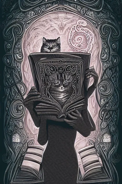 Image similar to ai illustration of romantic girl, her cat and her book of necronomicon, symmetrical, cinematic, sharp focus, 4 k, ultra hd, sense of awe, sinister demonic atmosphere, dreadful, forbidden knowledge, old gods, cthulhu, yog - sothoth! yah, yah, yah! cultist journal cover