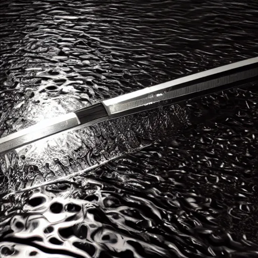 Prompt: Katana with its water Blade entirety out of flowing water reflecting all light, Raytracing, white background with shadows, 40nm lens, full katana in vision,