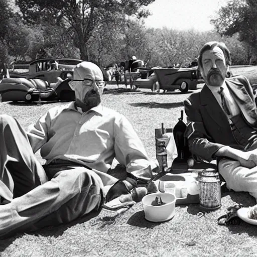 Image similar to walter white and saul goodman having a picnic date at the park, circa 1 9 4 6