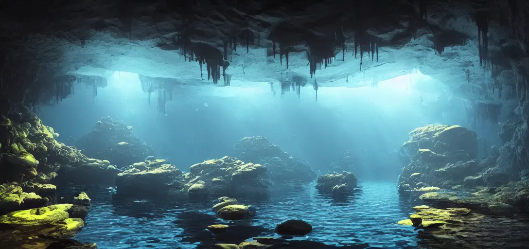 Image similar to beautiful view of an underwater cavern, glowing water with caustics, dark atmosphere, dappled light, reflections, light rays. refraction, symmetry, cinematic lighting, ultra detailed, sharp, ambient occlusion, bloom, raytracing, by dylan cole, sebastian meyer and jordan grimmer