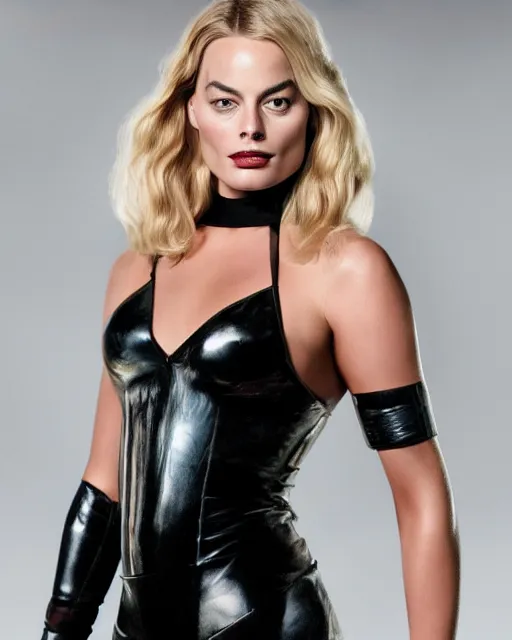 Image similar to portrait of margot robbie with a cat woman costume, full body shot, highly detailed, detailed face, cinematic, professional photograph