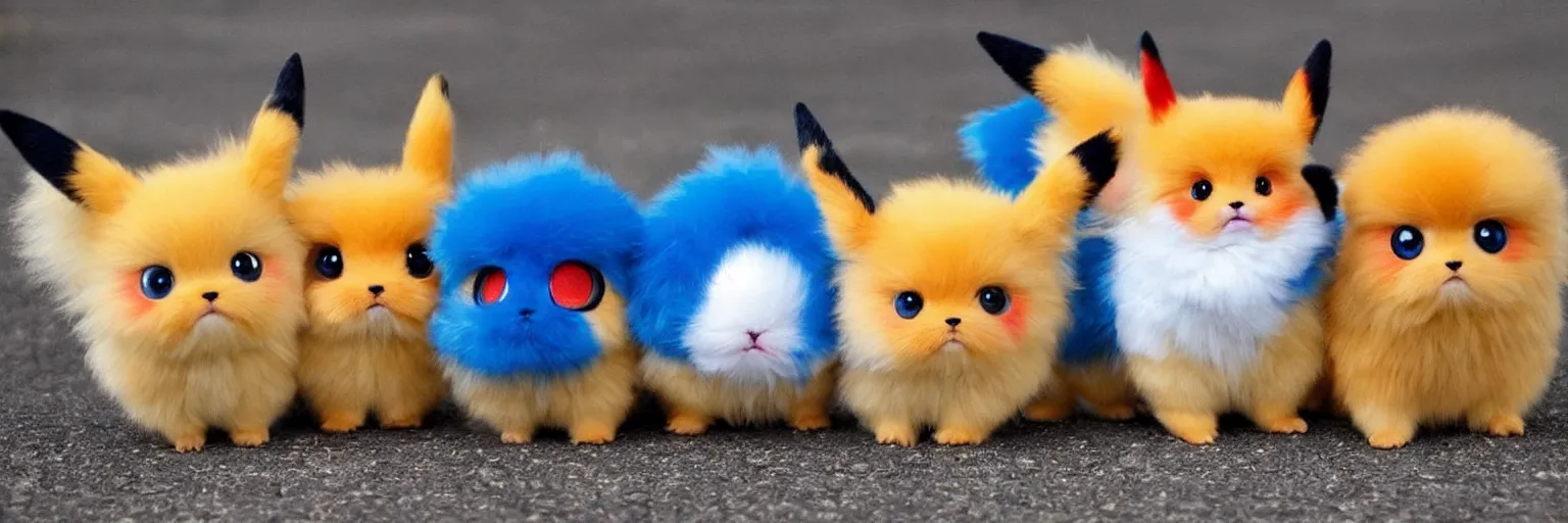 Image similar to different real life pokemons, cute!!!, content!!!, mischievous!!!, adorable!!!, little furballs, fluffy!!!, ultra realistic!!!, golden hour, sharp focus