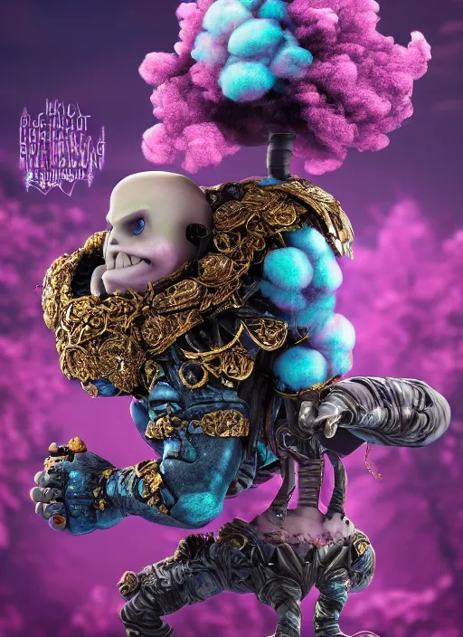 Prompt: fKrang standing with black jar, enchanted, magical, cotton candy trees, cinematic shot, intricate, ornate, photorealistic, ultra detailed, realistic, 100mm, photography, octane, high definition, depth of field, bokeh, 8k, behance, artstation