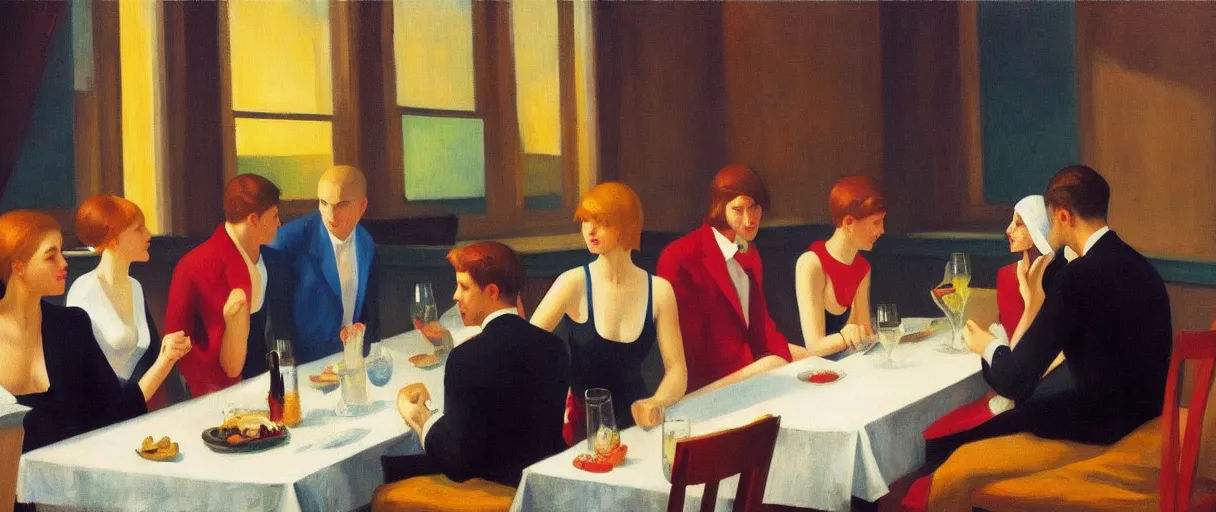 Image similar to an edward hopper painting of a young gen z group of friends having wine at a dinner party