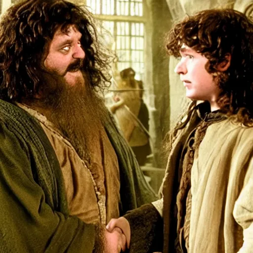 Image similar to frodo baggins meeting hagrid in hogwarts