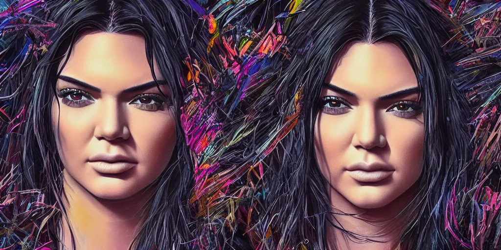 Prompt: hyper realistic kendall jenner on a coachella stage in the style of a slipknot album cover, minimal art style, highly detailed, intricate, digital painting, artstation, 3 5 mm film grain