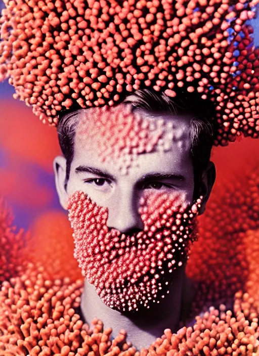 Prompt: realistic photo of a a blurred face of a fraternity member, covered in spheres of coral reef on his face, emitting aura 1 9 6 0, life magazine photo, natural colors, metropolitan museum, kodak, 8 k, very detailed, high resolution, product photo,