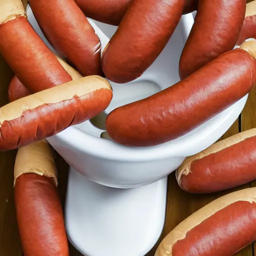 Image similar to many hotdogs being flushed down a toilet