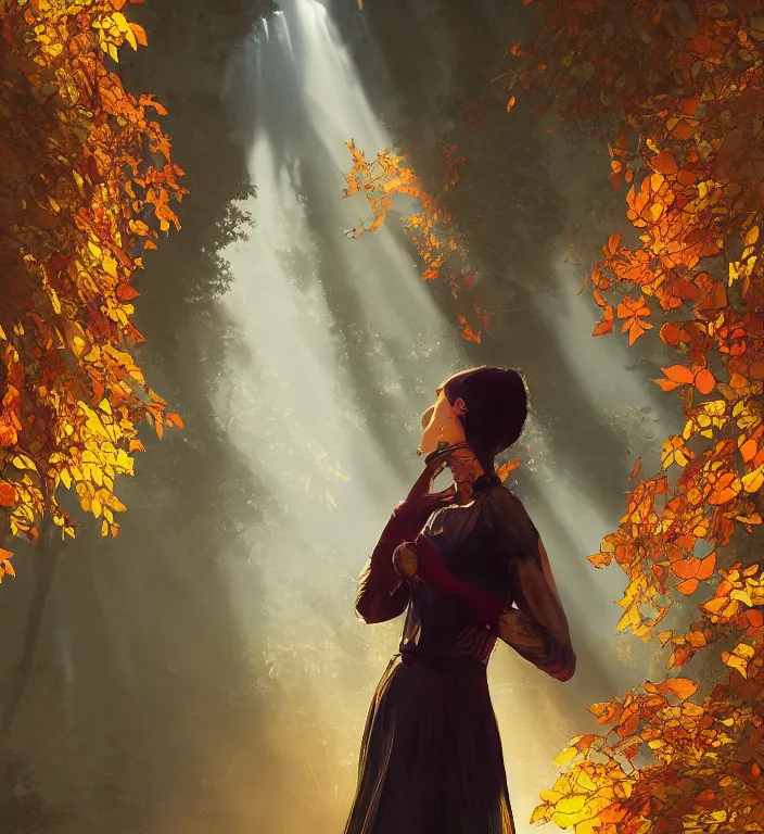 Prompt: portrait of a woman wearing a dress of stained glass , autumn leaves falling, dramatic volumetric lighting, god rays, global illumination, soft, sharp focus, sci-fi, ivy, moss, trending on artstation, intricate concept art by eddie mendoza and Mel Milton