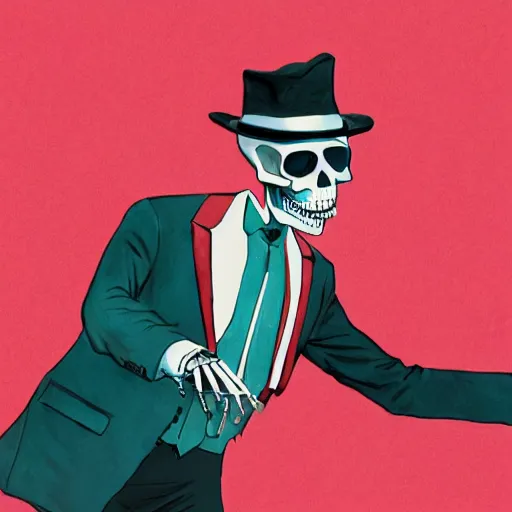 Prompt: a skeleton in sunglasses and an elegant suit dancing, digital art, teal and red color palette, gray dungeon background, very realistic, artstation, by norman rockwell