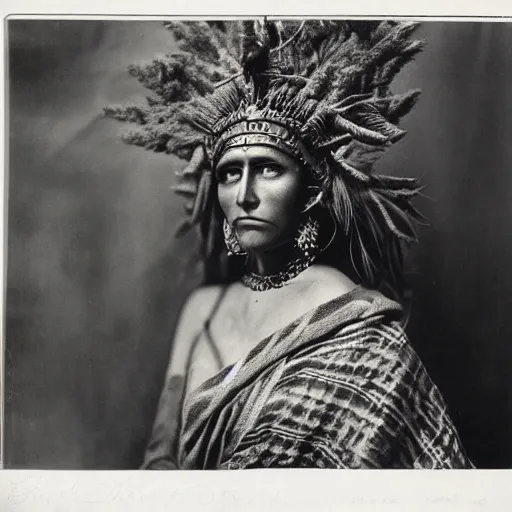 Prompt: vintage photo of a pictish queen by edward s curtis, photo journalism, photography, cinematic, national geographic photoshoot