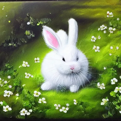 Image similar to detailed oil painting of a fluffy white rabbit sleeping in a patch of green flowers, deep brush strokes, glowing colors, clear resin gloss on canvas,