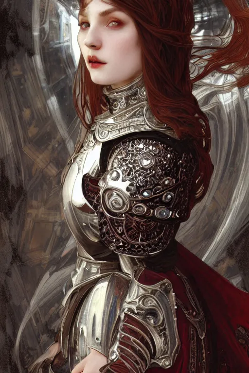 Image similar to beautiful luxury and elite and victorian and holy medieval female red and white silver mirror color armor knight portrait+smoky eyes+light flowing brown hair, in ruin gothic cathedral, ultradetail face, art and illustration by tian zi and craig mullins and WLOP and alphonse mucha, fantasy, intricate complexity, human structure, fantasy world concept, watermark, blurry, hyperrealism 8k