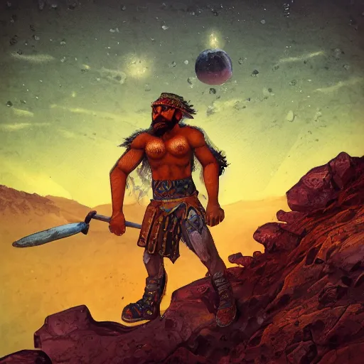 Prompt: persian folktale art style, barbarian on mars, pulp science fiction illustration, standing atop boulder looking over barren expanse