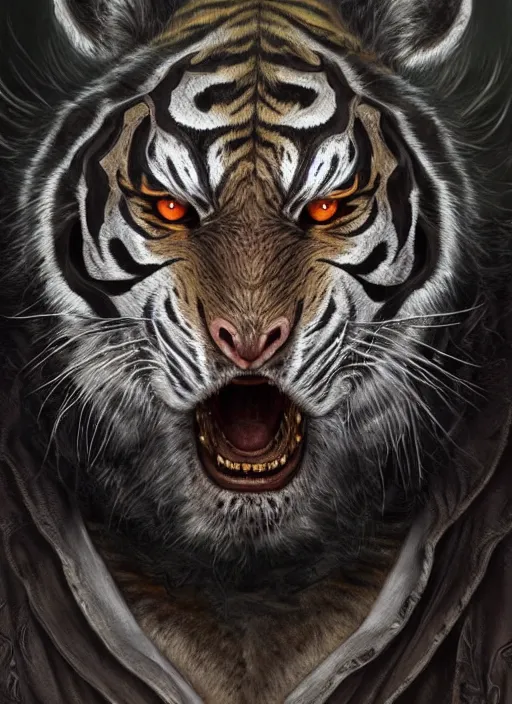 Image similar to cyber tiger downtown cn tower mf doom tiger eyes, wet metal fur. intricate, elegant, highly detailed, centered, digital painting, artstation, concept art, smooth, sharp focus, illustration, artgerm, tomasz alen kopera, peter mohrbacher, donato giancola, joseph christian leyendecker, wlop, frank frazetta