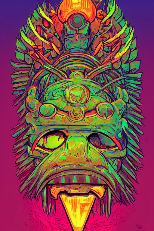 Image similar to totem animal tribal chaman vodoo mask feather gemstone plant wood rock video game illustration vivid color borderlands by josan gonzales and dan mumford radiating a glowing aura