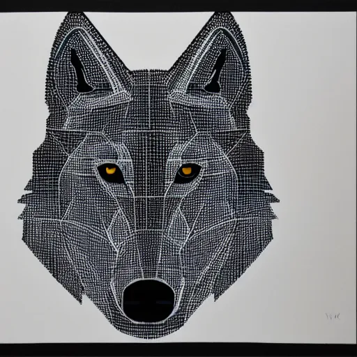 Prompt: a wolf portrait with only circuit line and dot component, Minimalism, Cubism