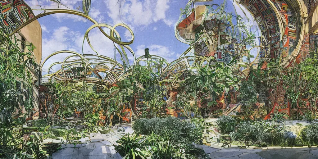 Image similar to masterpiece, graphic illustration of afro futurist florence courtyard designed by by frank lloyd wright architect, plants and trees on walkways low buildings, green energy, bicycles,, bill sienkiewicz, giant agapanthus flower from buildings wide angle, insanely detailed and intricate