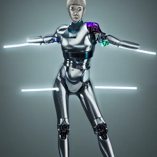 Prompt: a portrait of a female cyborg, fashion, streak lights, ligjt trail, color gel, photogtaphy, canon r 5, wide angle, white background, 3 d render, unreal engine, white suit