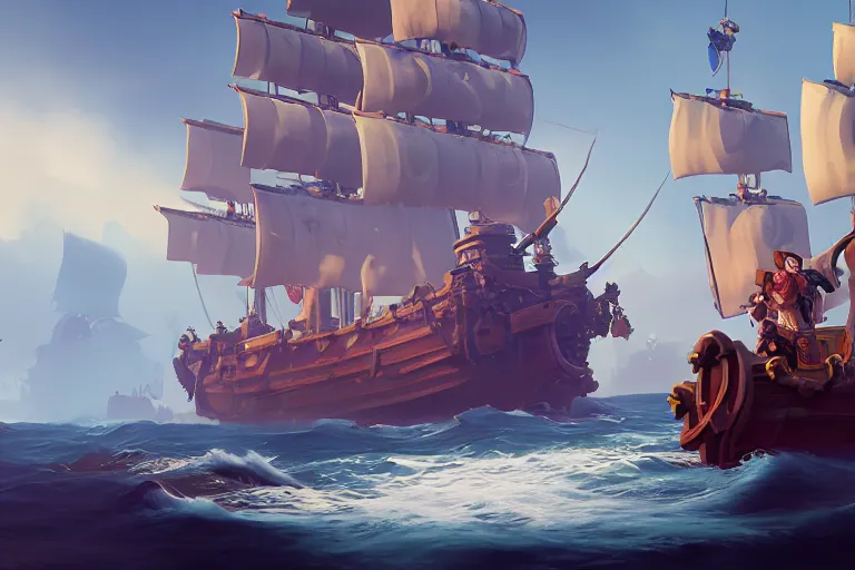 Image similar to gameplay screenshot of a parrot on a pirate ship, sea of thieves, unreal engine digital painting, volumetric light, intricate, sharp, focus, bloom, illustration, highly detailed, concept art, matte, ruan jia, randy vargas, greg rutkowski