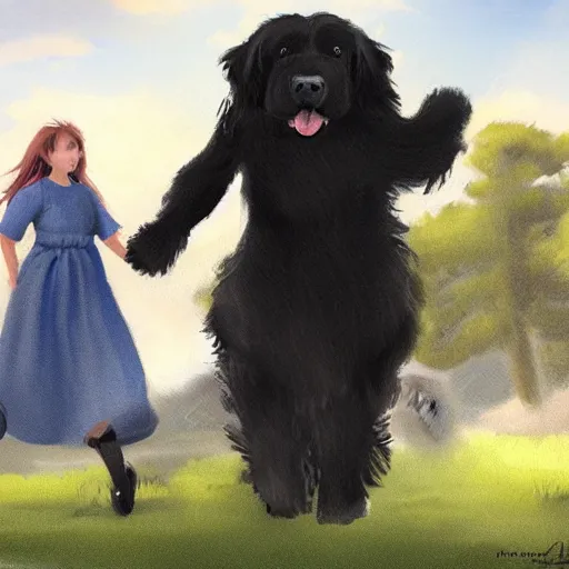 Image similar to girl riding a giant newfoundland dog in the park, trending on artstation