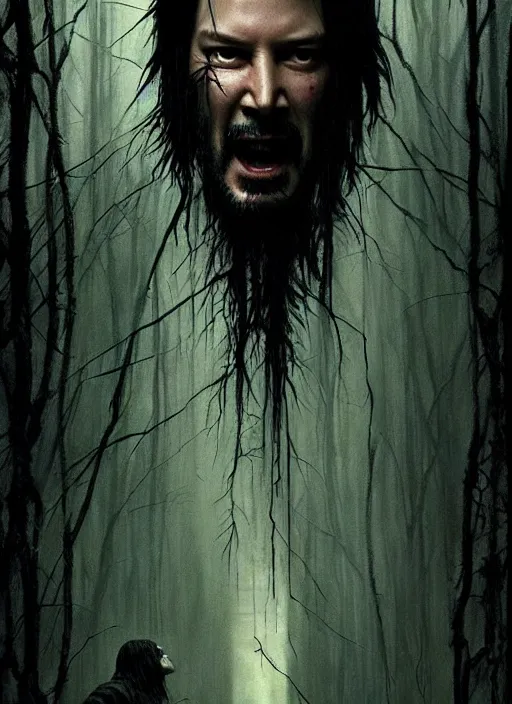 Image similar to highly detailed horror movie poster with angry creepy keanu reeves as a tree, keanu reeves faces in the bark of many trees sentient leafy catastrophe by greg rutkowski, masterpiece, really funny, 1 0 / 1 0 creepy