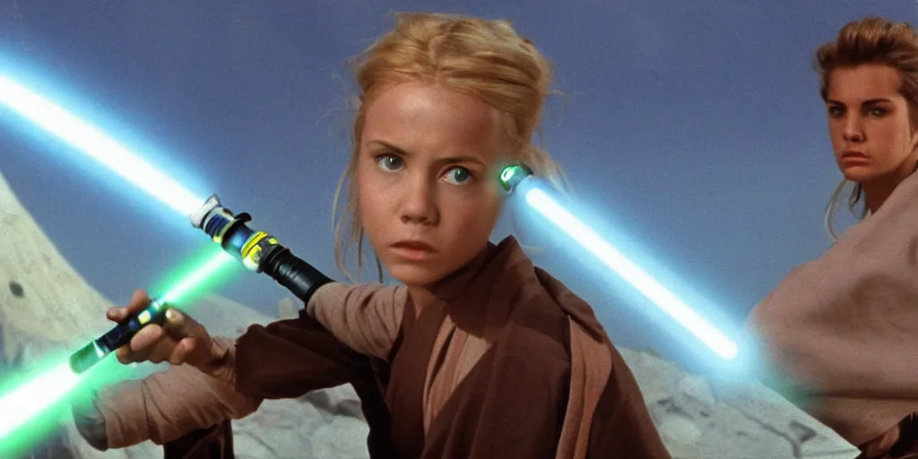 Image similar to A full color still of a teenage blonde Jedi padawan holding a lightsaber hilt, looking scared, sci-fi city in the background, windy, from The Phantom Menace, directed by Steven Spielberg, 35mm!!! 1990