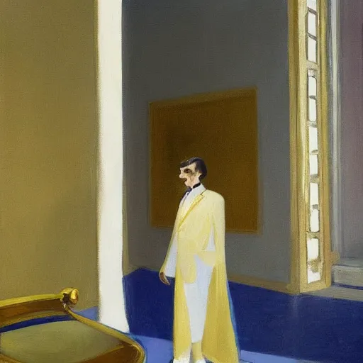 Prompt: Prince with gold clothes in a white palace by Edward hopper